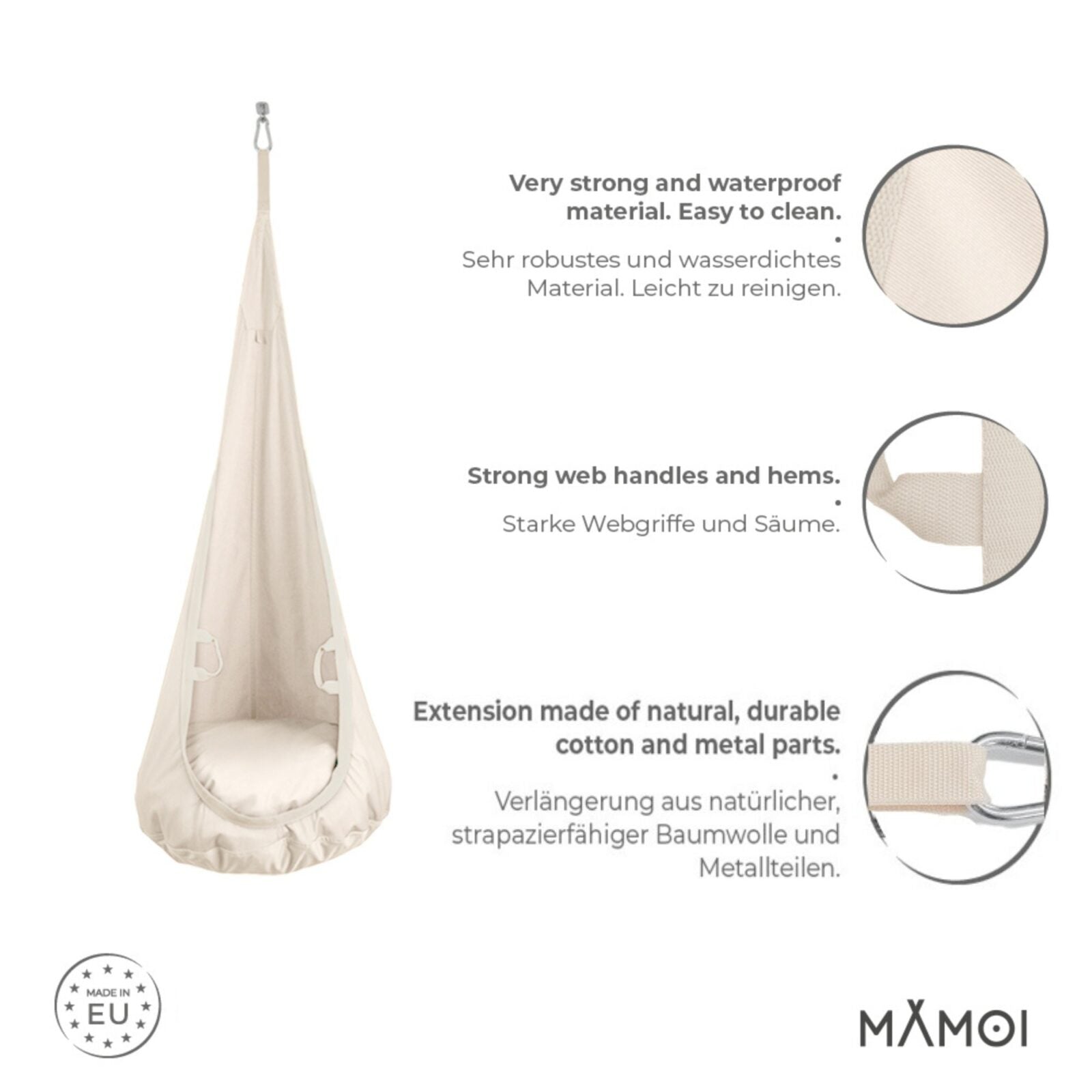 MAMOI® Swing hanging chair Beige, Indoor hammock, Sensory swing seat for bedroom for kids, Child door swinging nest for autism, Garden egg swings for children-2