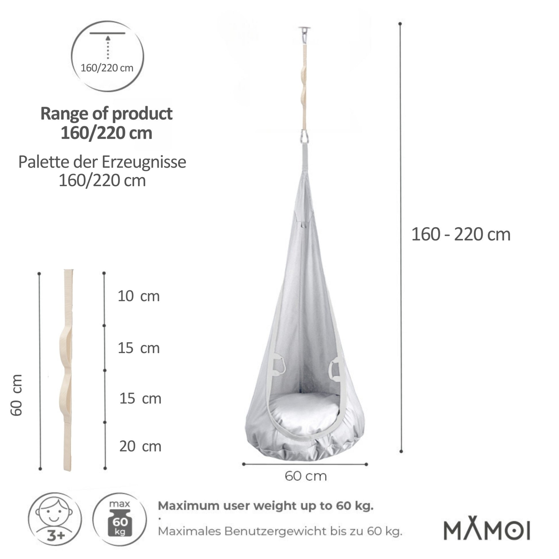 MAMOI® Swing hanging chair Light grey, Indoor hammock, Sensory swing seat for bedroom for kids, Child door swinging nest for autism, Garden egg swings for children-1