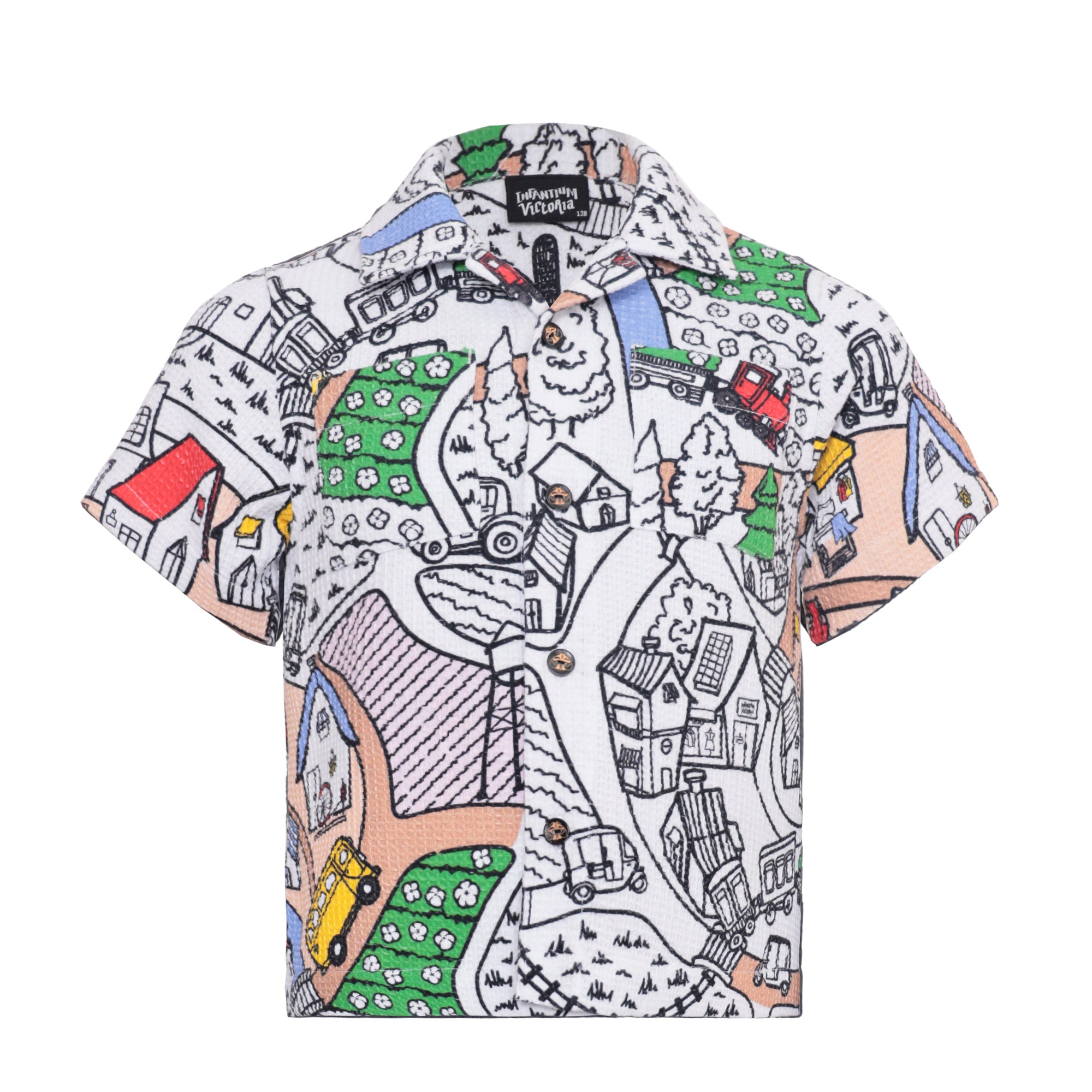 Village Print Boys and Girls Button Up Shirt-0