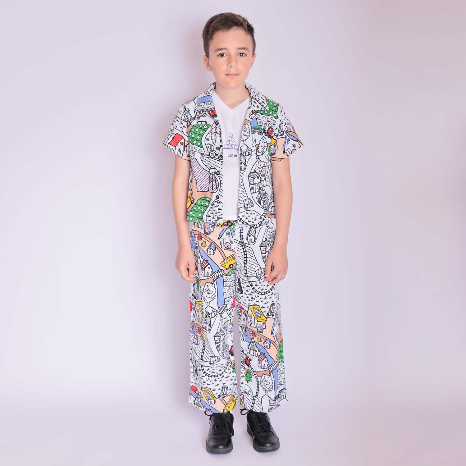 Village Print Boys and Girls Button Up Shirt-3