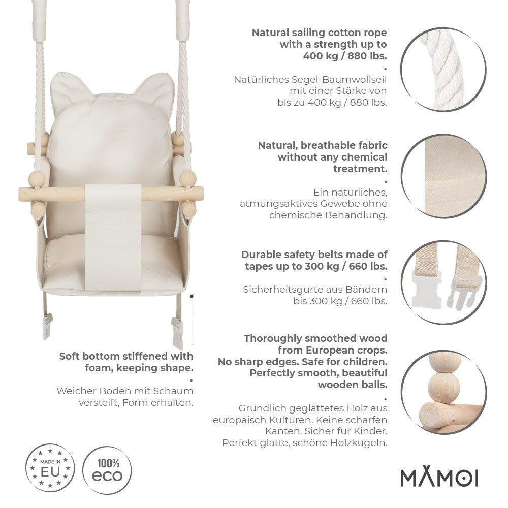 MAMOI® Wooden baby swing seat for toddlers Beige, Indoor toddler swings chair from birth, Kids baby bouncer for garden, Child rocker swing set from 8 months-2