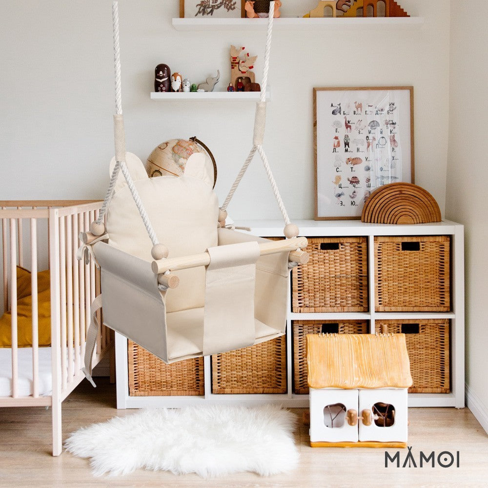 MAMOI® Wooden baby swing seat for toddlers Beige, Indoor toddler swings chair from birth, Kids baby bouncer for garden, Child rocker swing set from 8 months-5