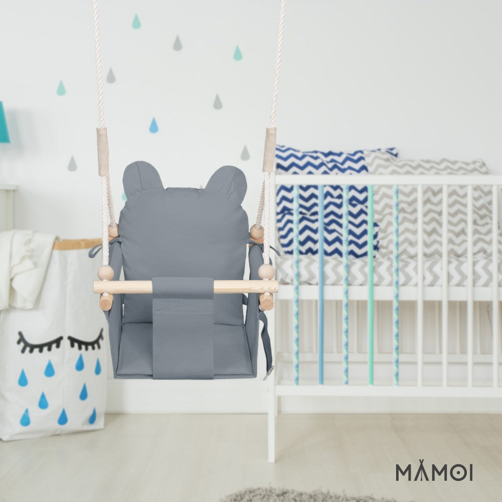 MAMOI® Wooden baby swing seat for toddlers Grey, Indoor toddler swings chair from birth, Kids baby bouncer for garden, Child rocker swing set from 8 months-4