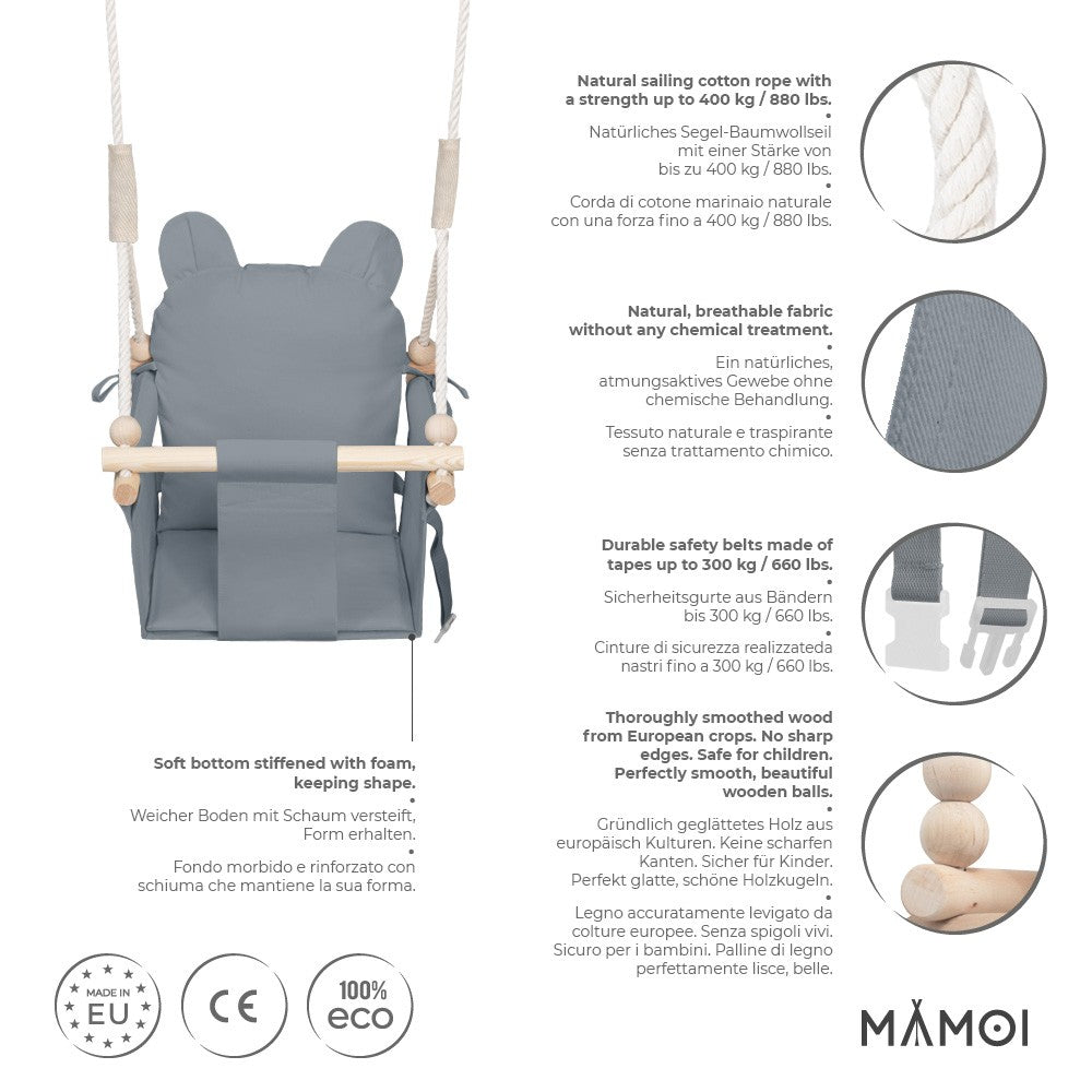 MAMOI® Wooden baby swing seat for toddlers Grey, Indoor toddler swings chair from birth, Kids baby bouncer for garden, Child rocker swing set from 8 months-1