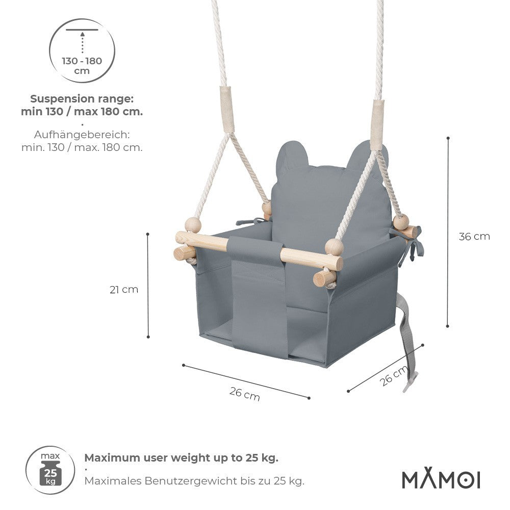 MAMOI® Wooden baby swing seat for toddlers Grey, Indoor toddler swings chair from birth, Kids baby bouncer for garden, Child rocker swing set from 8 months-2