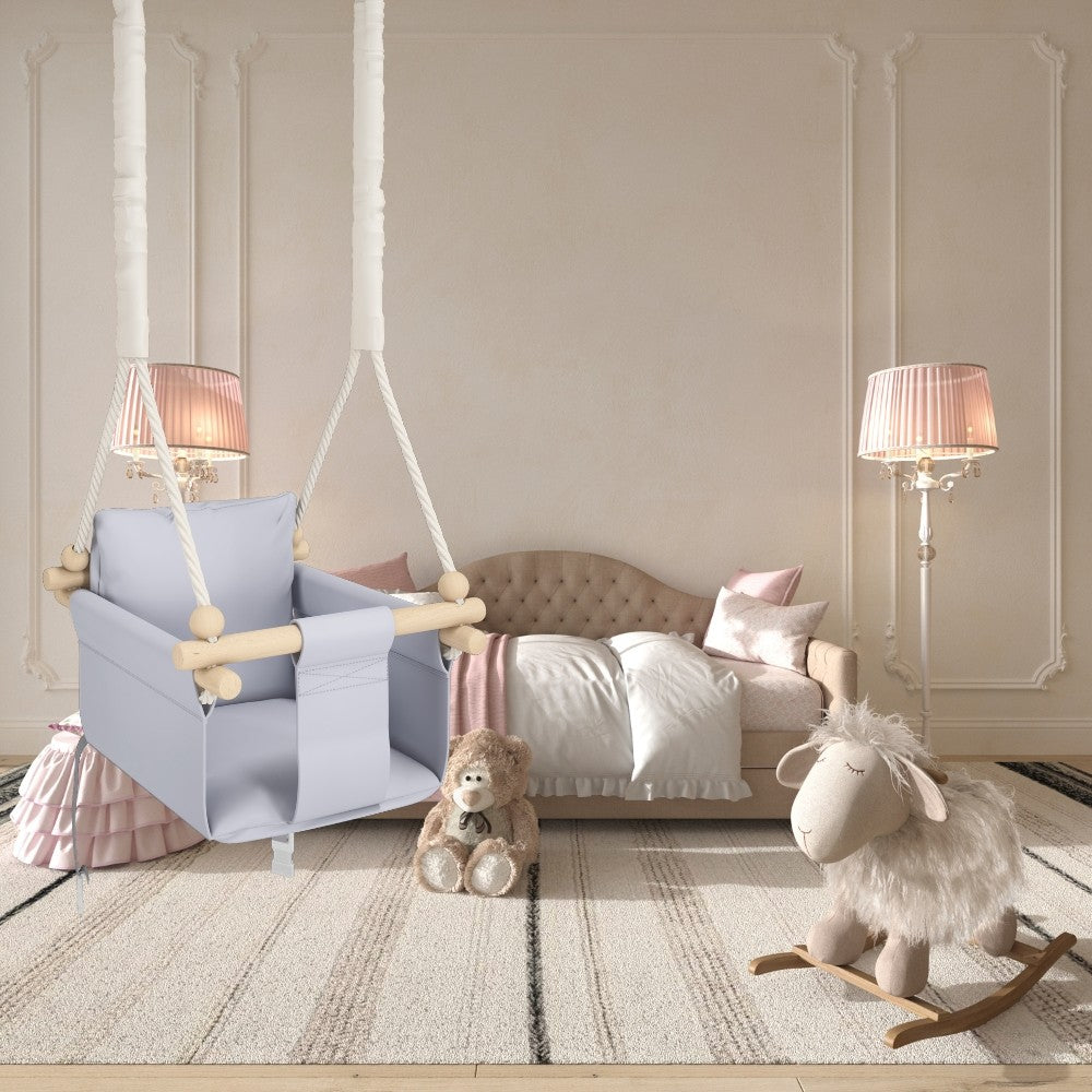 MAMOI® Wooden baby swing seat for toddlers Light grey, Indoor toddler swings chair from birth, Kids baby bouncer for garden, Child rocker swing set from 8 months-3