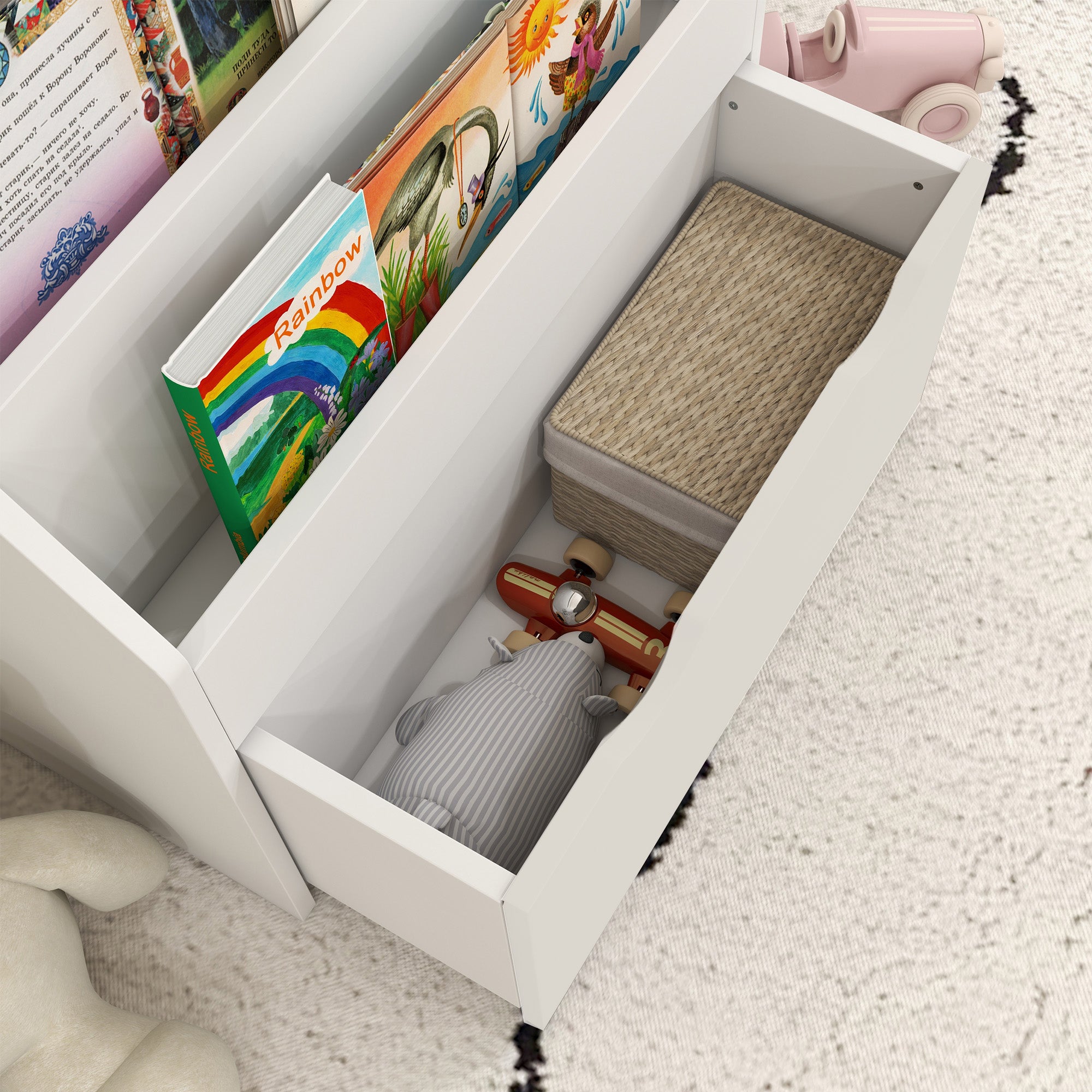 AIYAPLAY Bookcase for Kids with Shelves, Drawer, Bookcase for Bedroom, Playroom in White-6