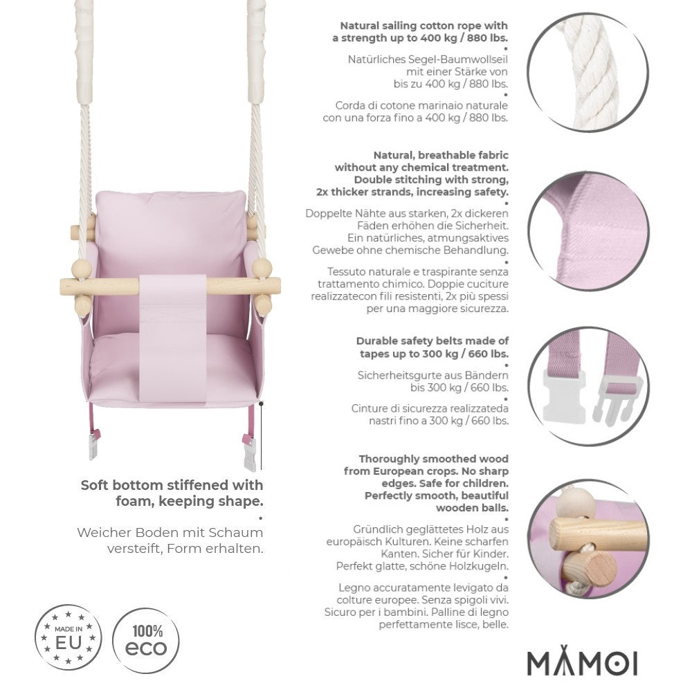 MAMOI® Wooden baby swing seat for toddlers Pink, Indoor toddler swings chair from birth, Kids baby bouncer for garden, Child rocker swing set from 8 months-2