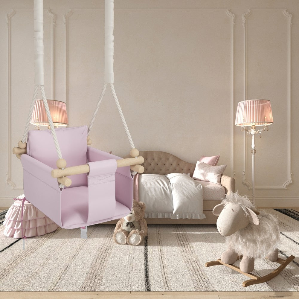 MAMOI® Wooden baby swing seat for toddlers Pink, Indoor toddler swings chair from birth, Kids baby bouncer for garden, Child rocker swing set from 8 months-3