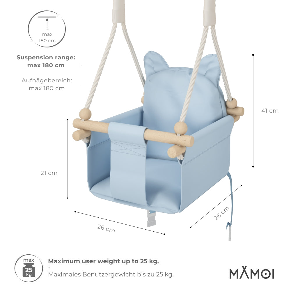 MAMOI® Wooden baby swing seat for toddlers Blue, Indoor toddler swings chair from birth, Kids baby bouncer for garden, Child rocker swing set from 8 months-1
