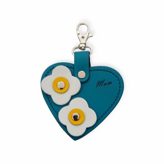 Love heart bag charm - with 'Mum' engraving and flower appliques - Teal-0