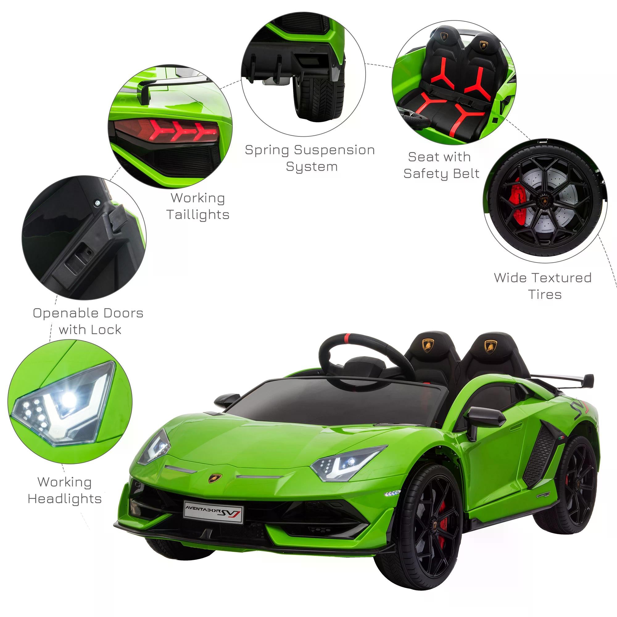 HOMCOM Compatible 12V Battery-powered Kids Electric Ride On Car Lamborghini Aventador Sports Racing Car Toy with Parental Remote Control Music Green-5