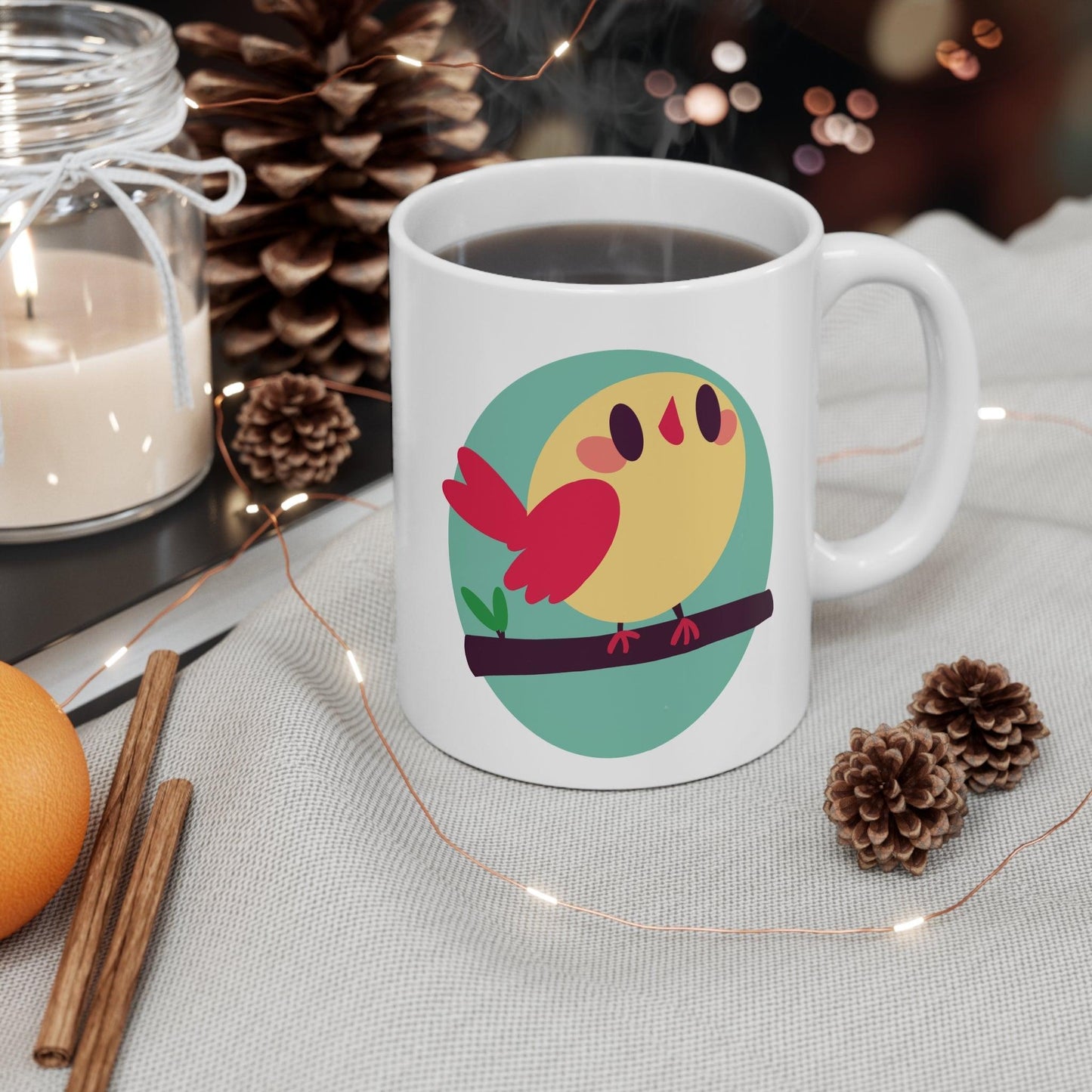 Cartoon Bird on Branch Mug | 11 oz Cheerful Nature
