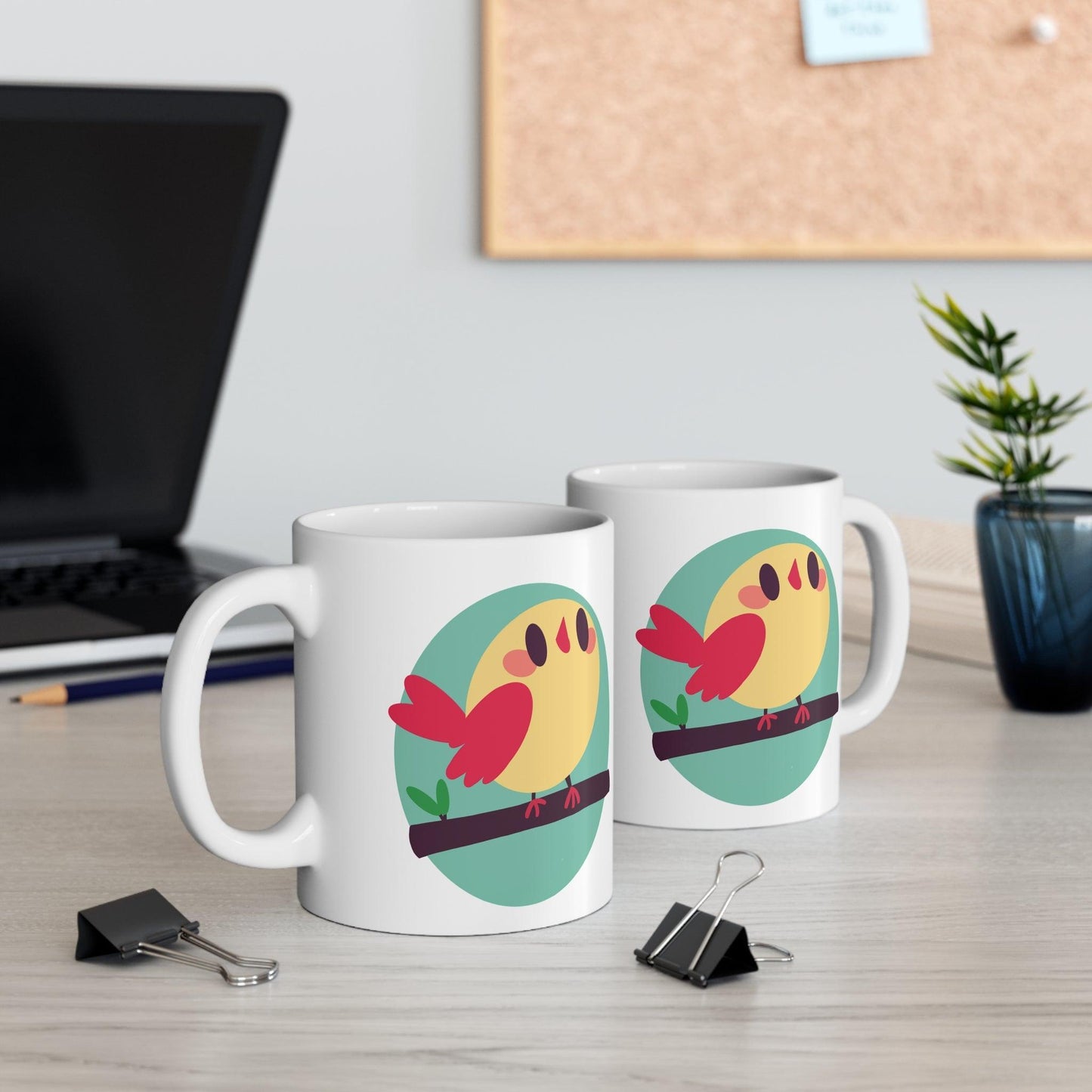 Cartoon Bird on Branch Mug | 11 oz Cheerful Nature