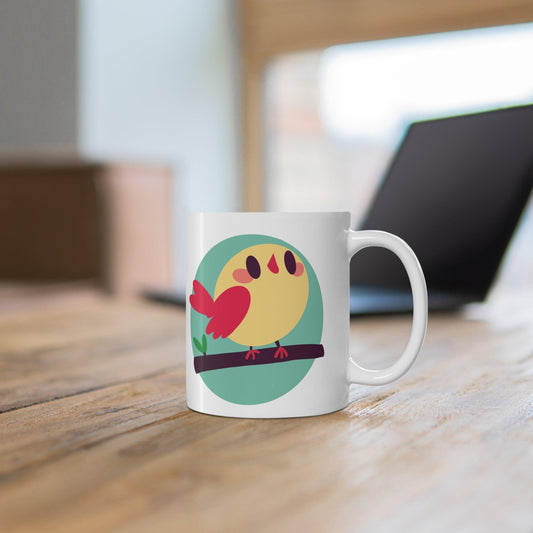 Cartoon Bird on Branch Mug | 11 oz Cheerful Nature