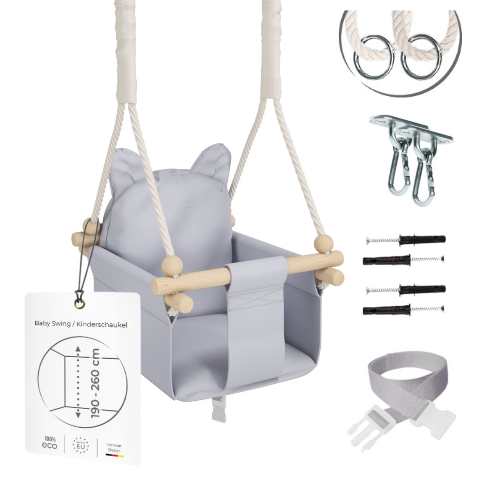 MAMOI® Wooden baby swing seat for toddlers Light grey, Indoor toddler swings chair from birth, Kids baby bouncer for garden, Child rocker swing set from 8 months-0