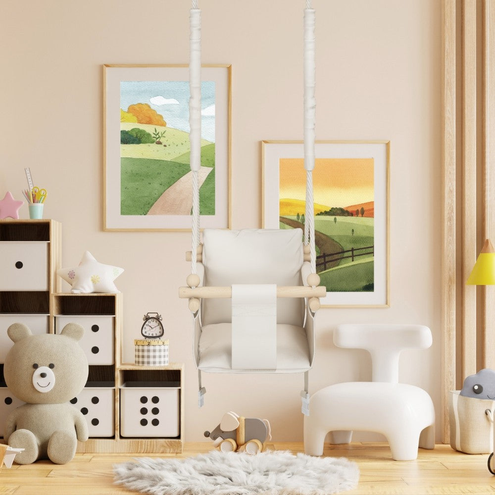 MAMOI® Wooden baby swing seat for toddlers Beige, Indoor toddler swings chair from birth, Kids baby bouncer for garden, Child rocker swing set from 8 months-6