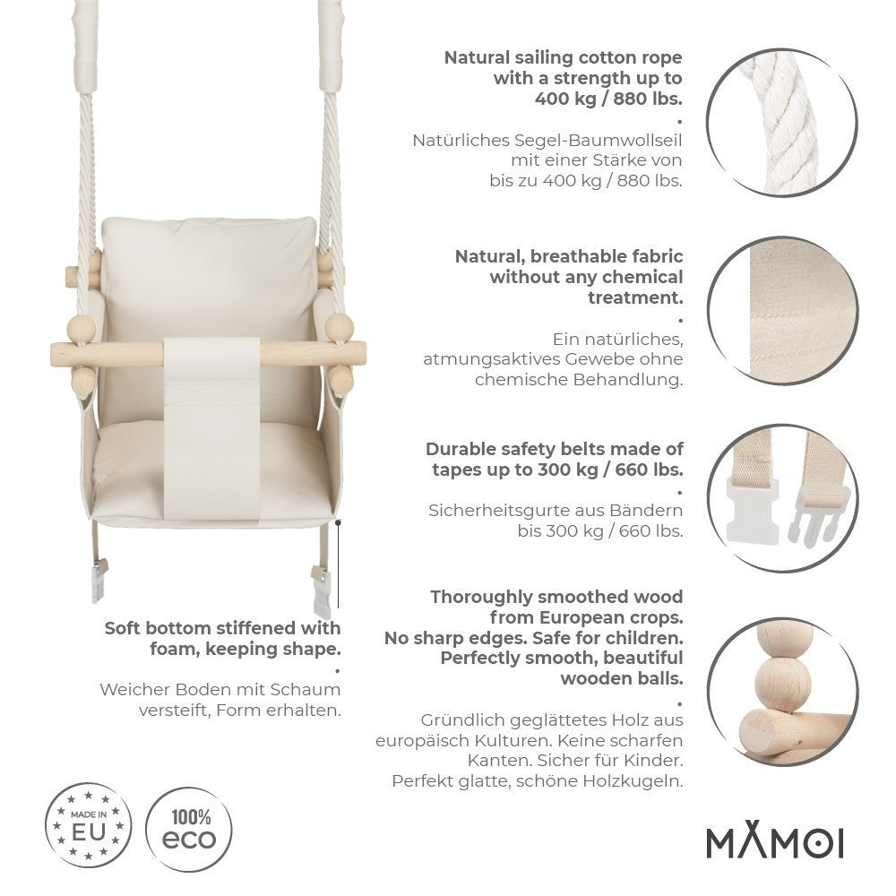 MAMOI® Wooden baby swing seat for toddlers Beige, Indoor toddler swings chair from birth, Kids baby bouncer for garden, Child rocker swing set from 8 months-1
