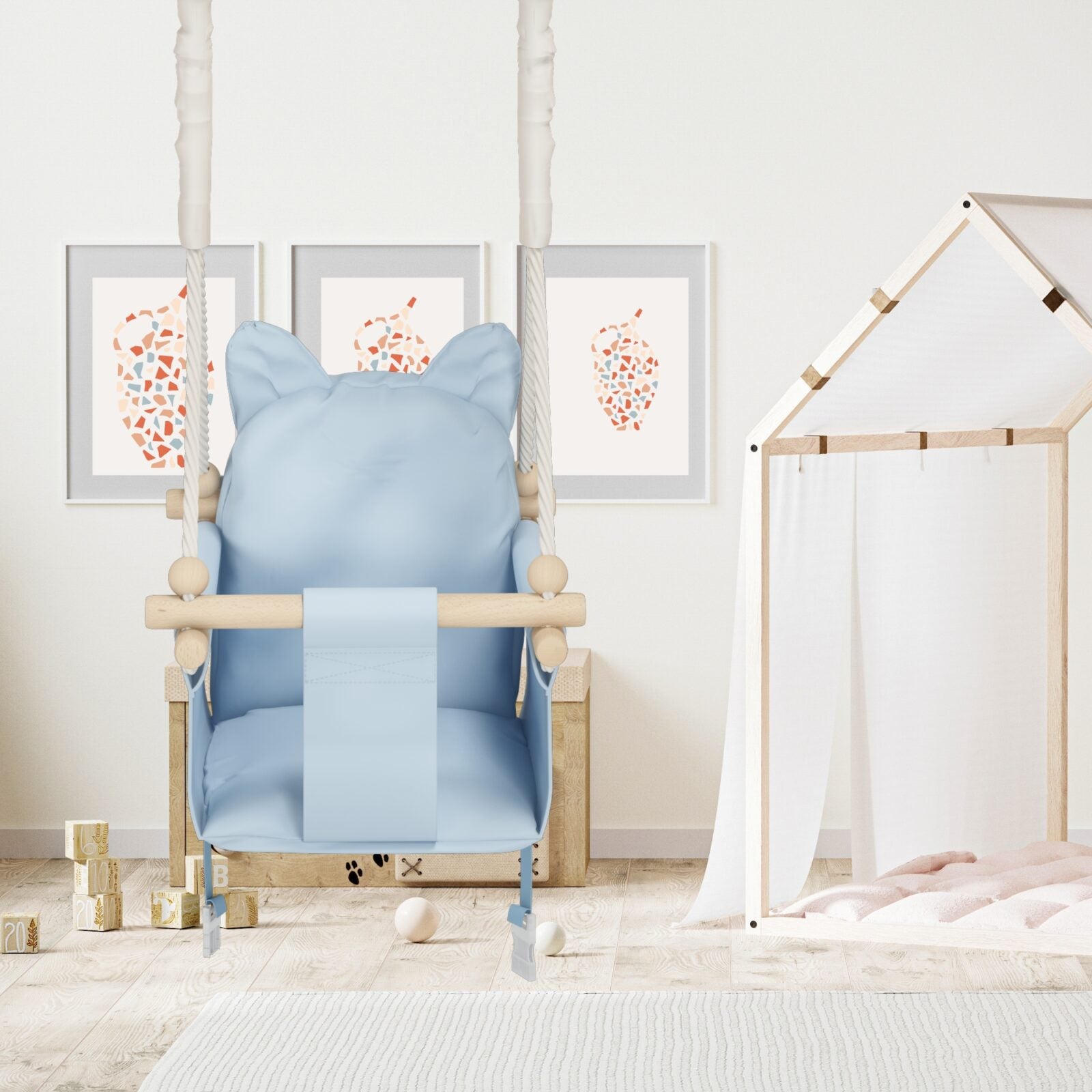 MAMOI® Wooden baby swing seat for toddlers Blue, Indoor toddler swings chair from birth, Kids baby bouncer for garden, Child rocker swing set from 8 months-6