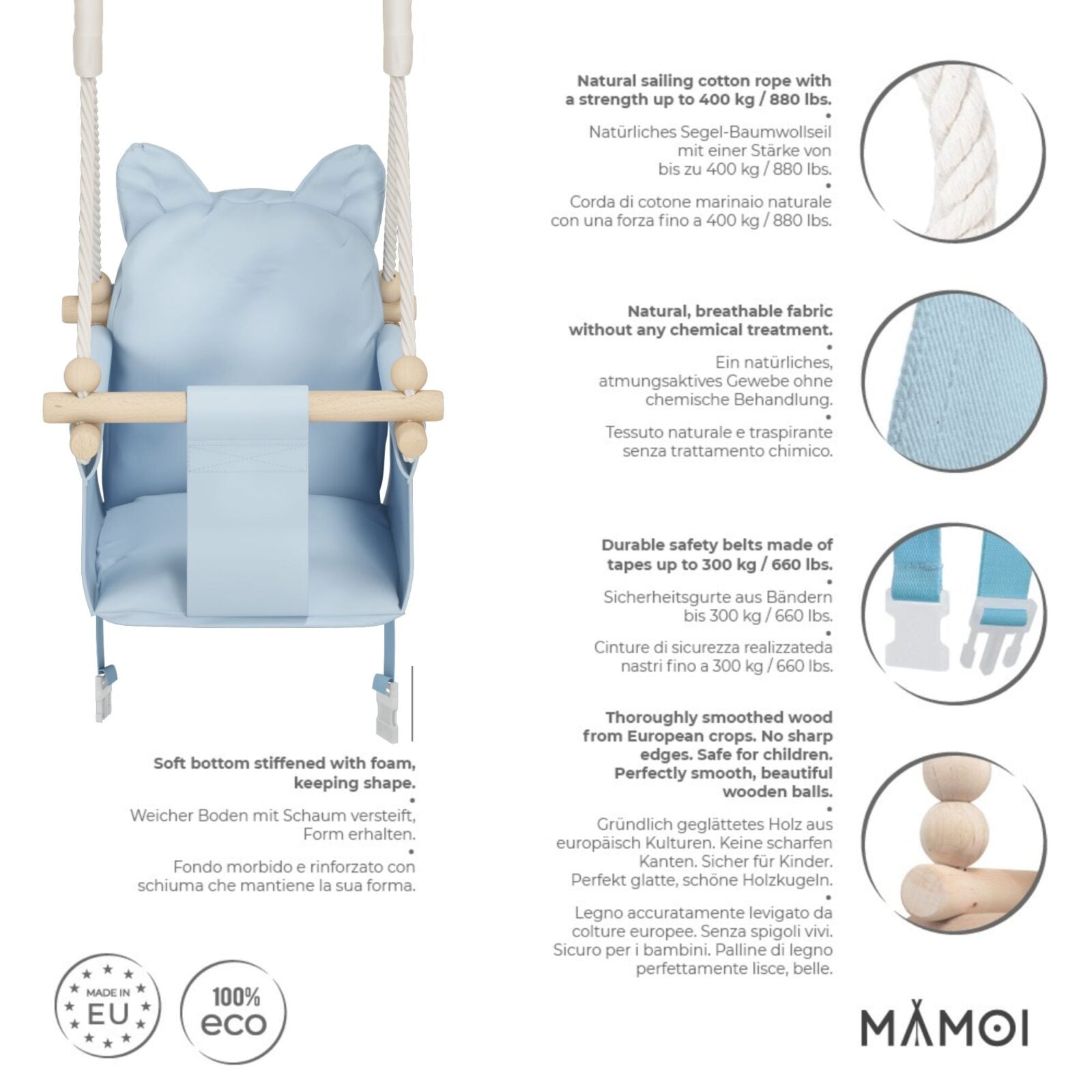 MAMOI® Wooden baby swing seat for toddlers Blue, Indoor toddler swings chair from birth, Kids baby bouncer for garden, Child rocker swing set from 8 months-2