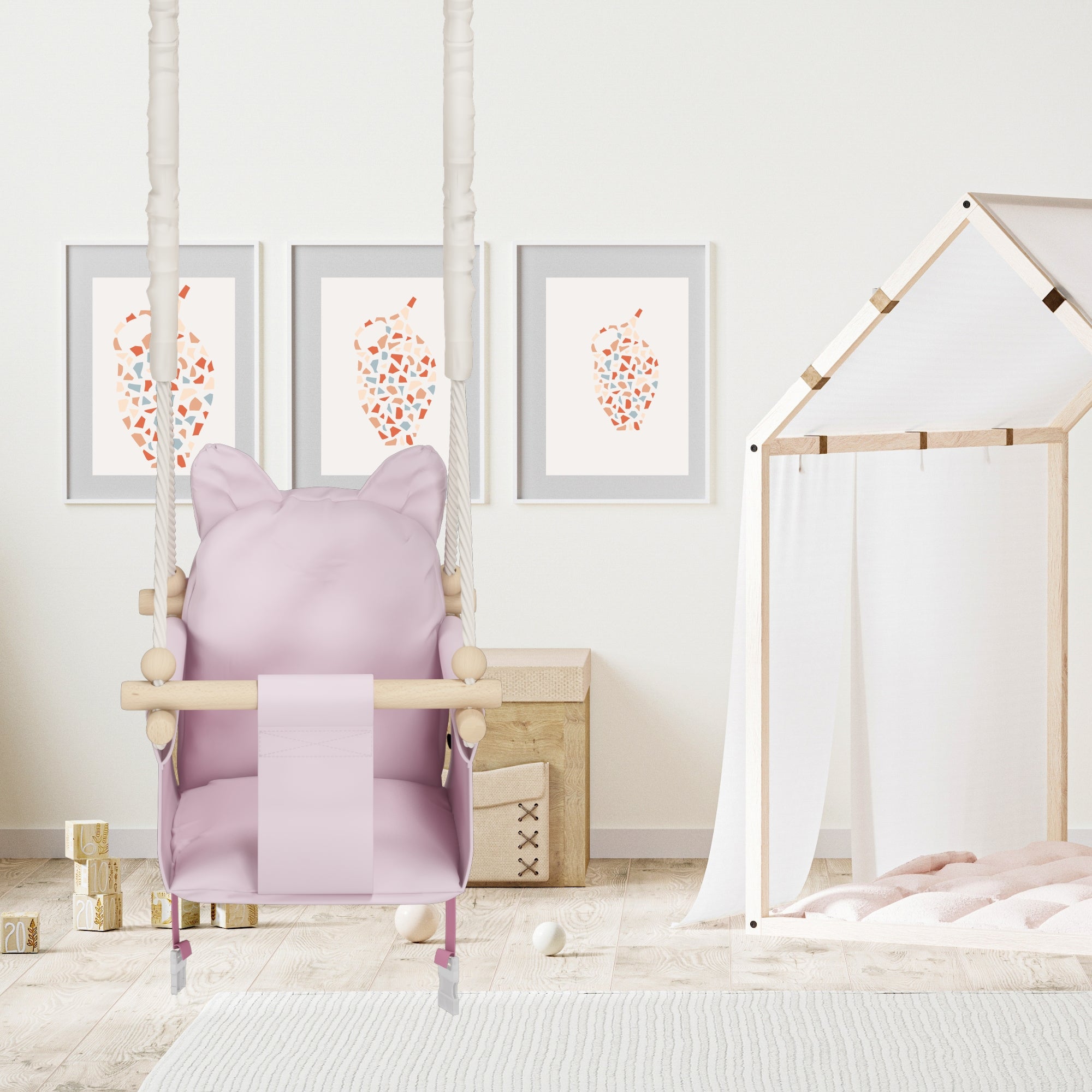 MAMOI® Wooden baby swing seat for toddlers Pink, Indoor toddler swings chair from birth, Kids baby bouncer for garden, Child rocker swing set from 8 months-6