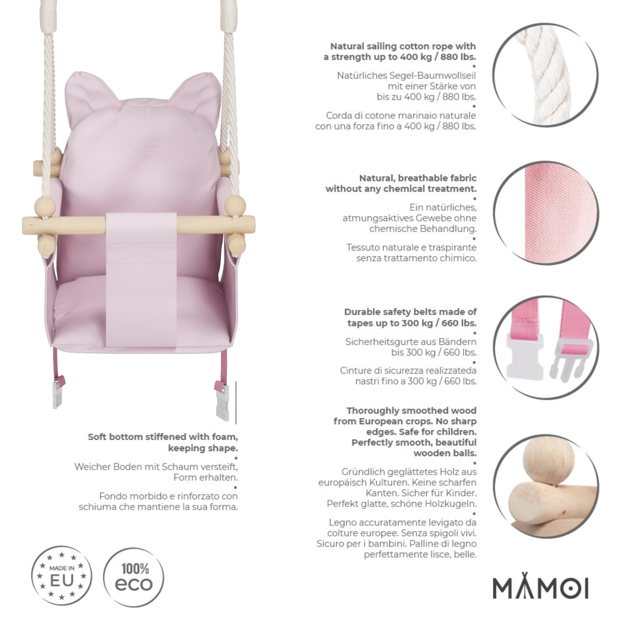 MAMOI® Wooden baby swing seat for toddlers Pink, Indoor toddler swings chair from birth, Kids baby bouncer for garden, Child rocker swing set from 8 months-2