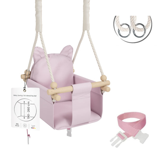 MAMOI® Wooden baby swing seat for toddlers Pink, Indoor toddler swings chair from birth, Kids baby bouncer for garden, Child rocker swing set from 8 months-0