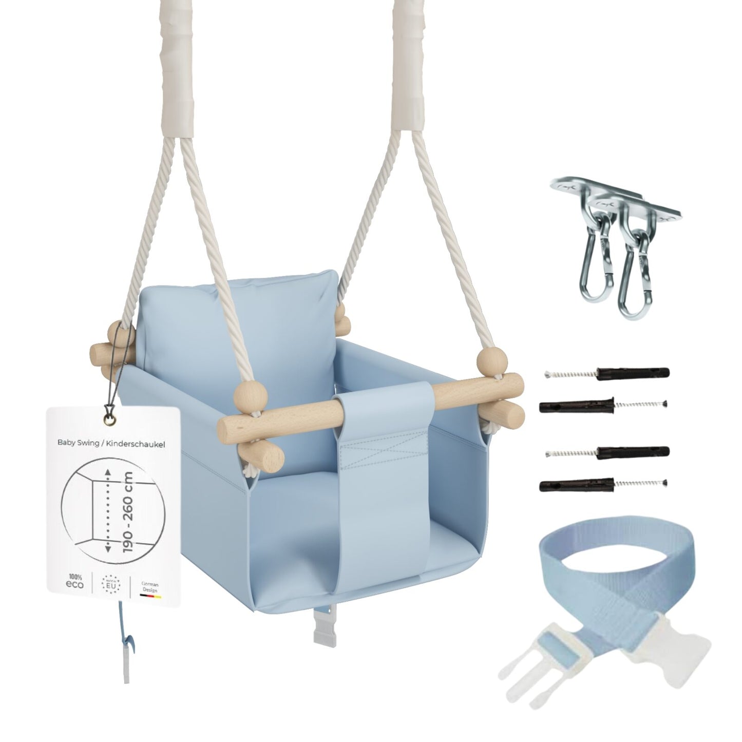 MAMOI® Wooden baby swing seat for toddlers Blue, Indoor toddler swings chair from birth, Kids baby bouncer for garden, Child rocker swing set from 8 months-0