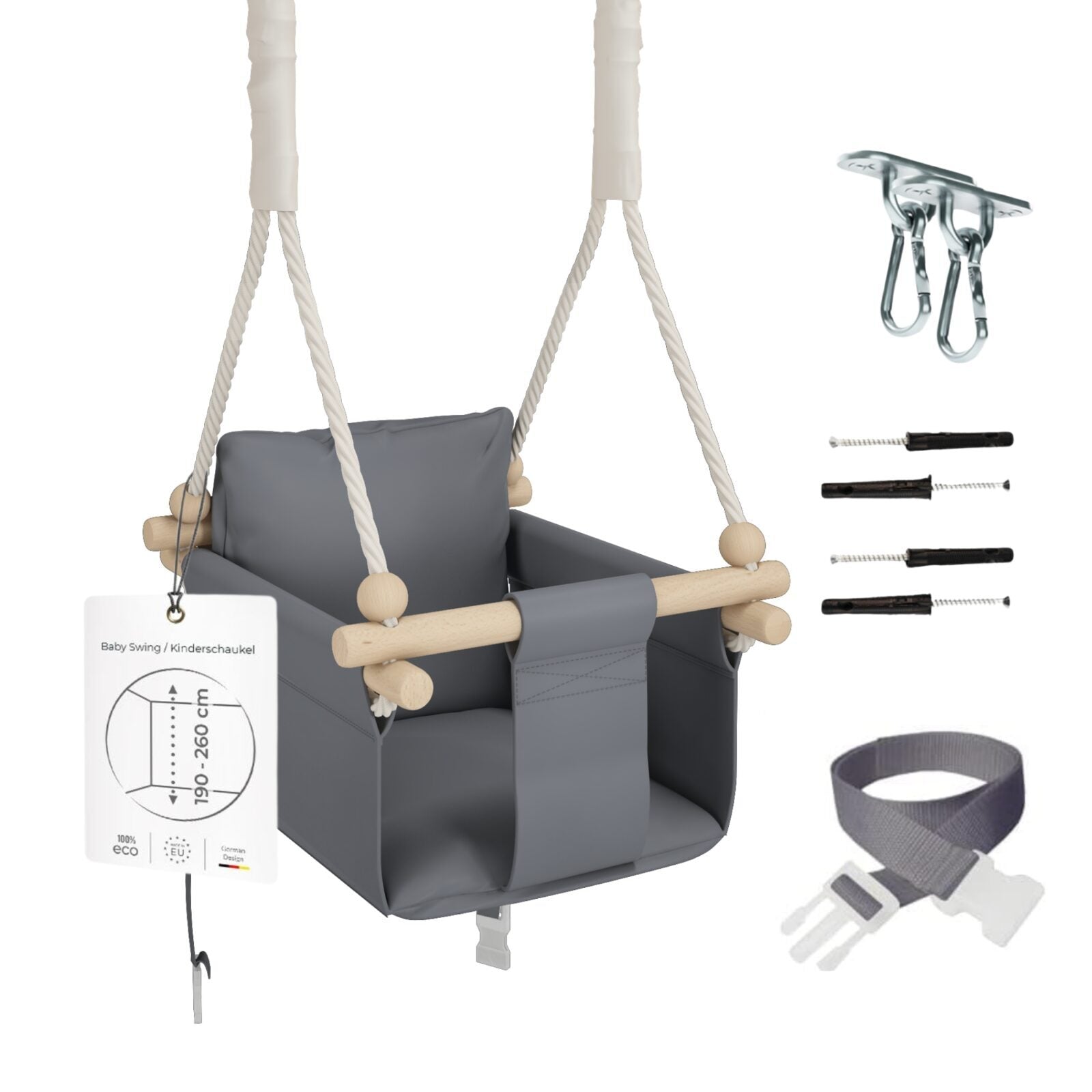 MAMOI® Wooden baby swing seat for toddlers Grey, Indoor toddler swings chair from birth, Kids baby bouncer for garden, Child rocker swing set from 8 months-0