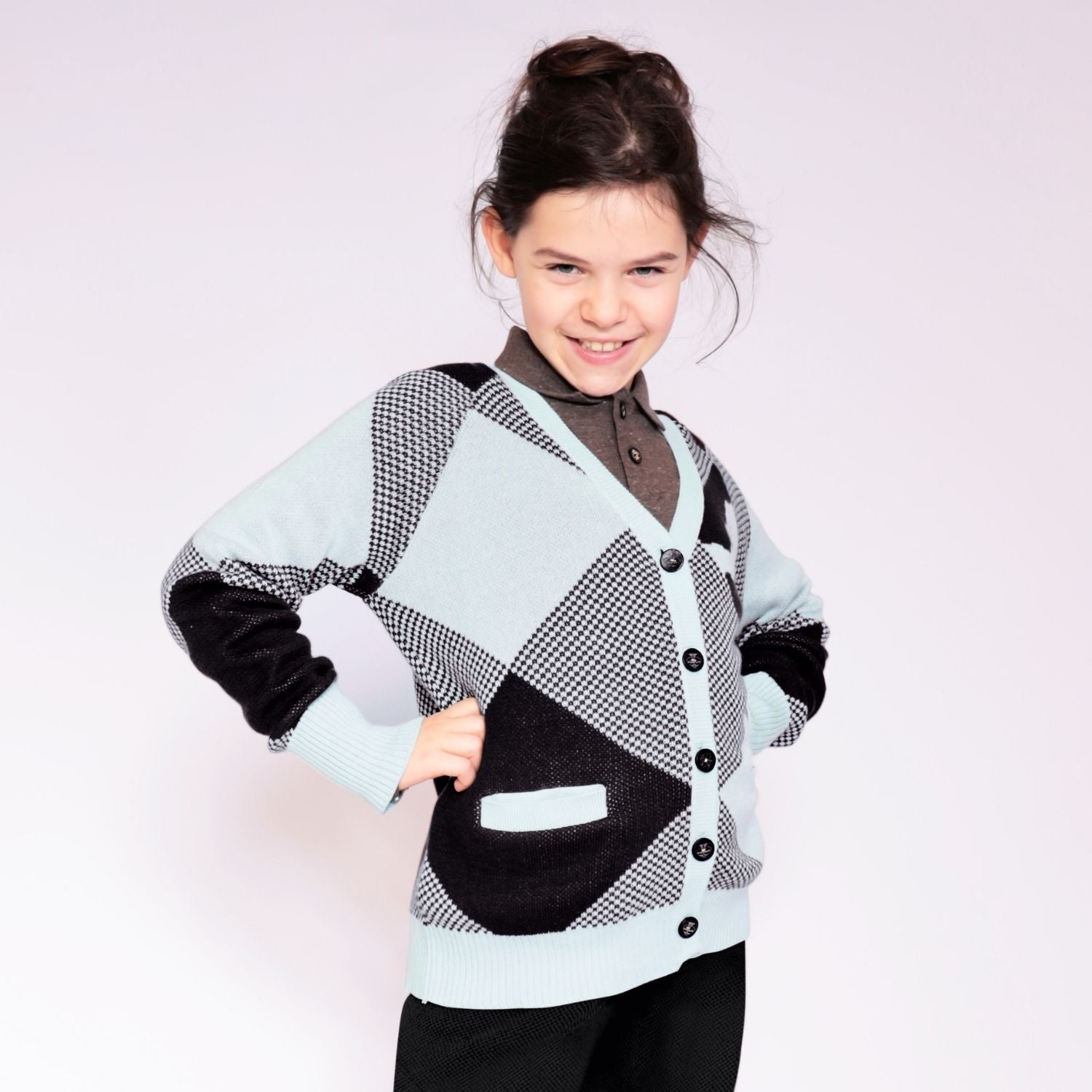 Kids Cardigan in Baby Blue Pink and Black-1