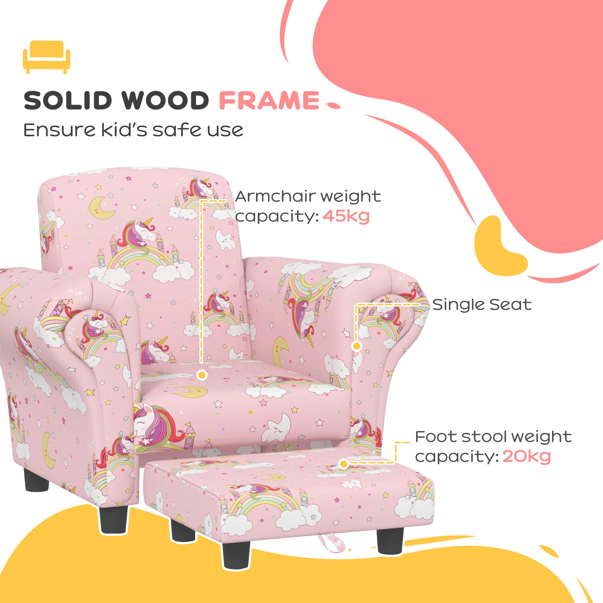 AIYAPLAY 2 Piece Kids Sofa Set with Unicorn Design, Wooden Frame, for 1.5-3 Years Old in Pink-3