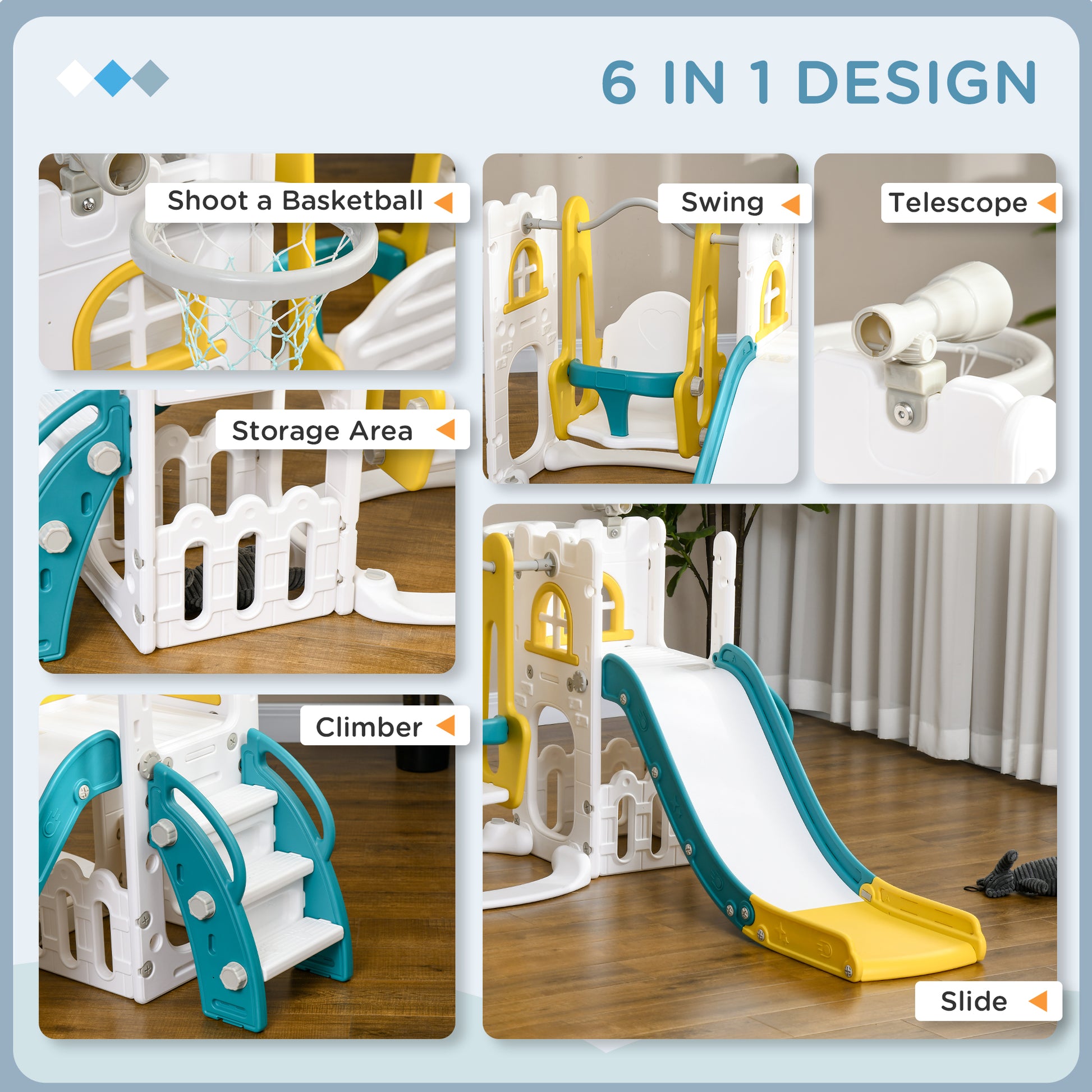 AIYAPLAY 6-in-1 Swing and Slide Set, Kids Playground with Basketball Hoop, Telescope, Storage Space - Yellow-2