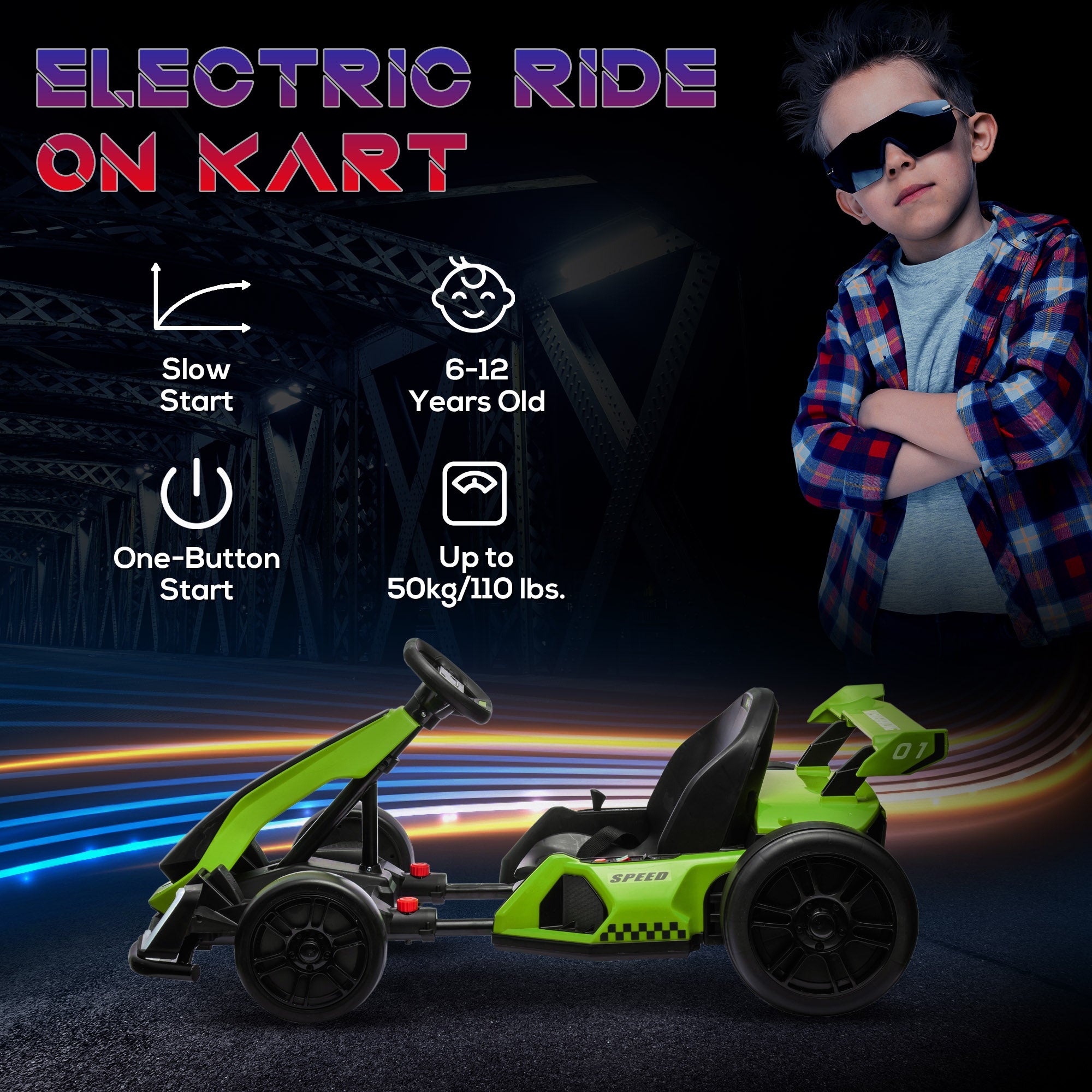 HOMCOM 24V Electric Go Kart for Kids with Adjustable Seat for 6-12 Years Old in Green-5