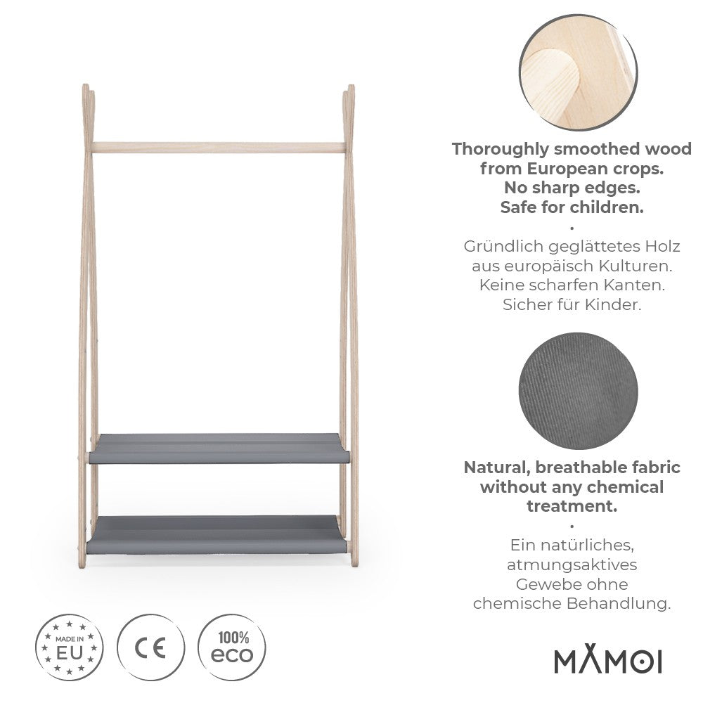 MAMOI® Children clothes rail Grey 53x95x32cm | Dressing up rail for kids made of natural wood | Baby wardrobe clothes storage modern design | Baby accessories | 100% ECO | MADE in EU-1