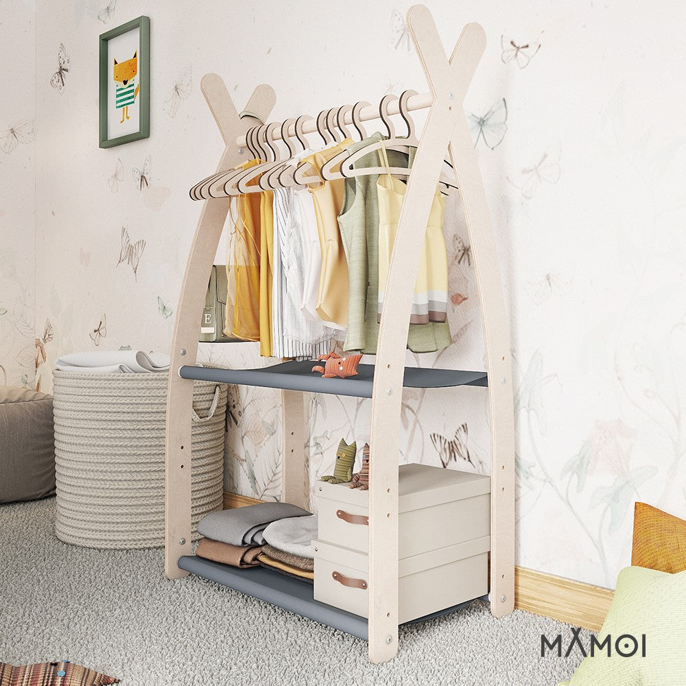MAMOI® Children clothes rail Grey 53x95x32cm | Dressing up rail for kids made of natural wood | Baby wardrobe clothes storage modern design | Baby accessories | 100% ECO | MADE in EU-4