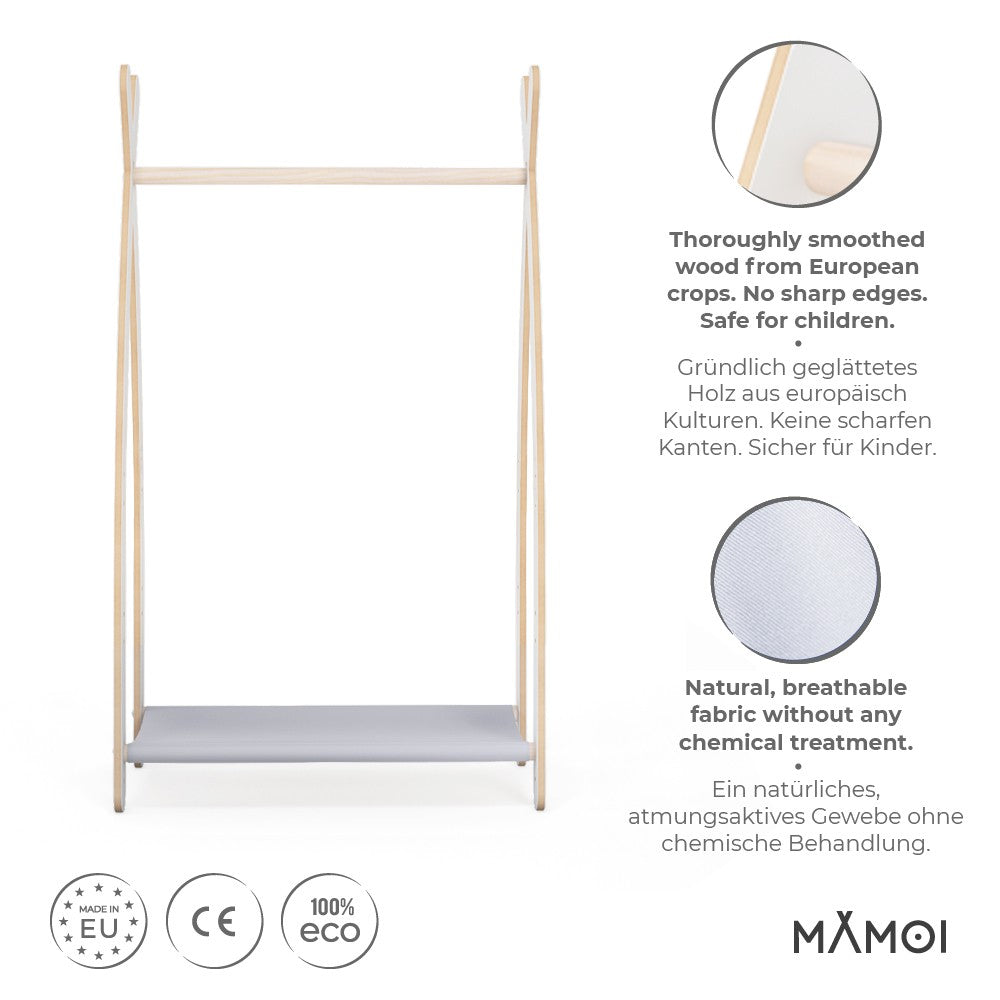 MAMOI® Children clothes rail Light grey 53x95x32cm | Dressing up rail for kids made of Yarnwood | Baby wardrobe clothes storage modern design | Baby accessories | 100% ECO | MADE in EU-2