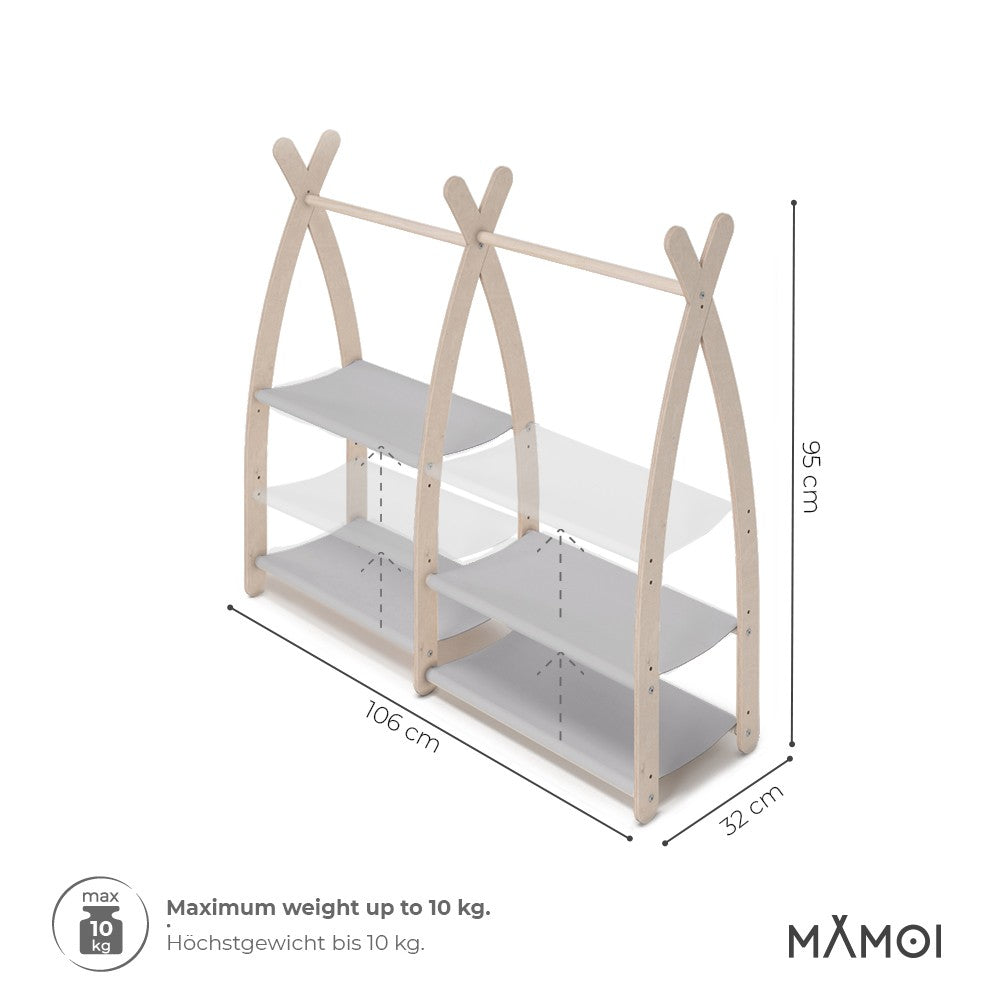 MAMOI® Children clothes rail Light grey 95x106x32cm | Dressing up rail for kids made of natural wood | Baby wardrobe clothes storage modern design | Baby accessories | 100% ECO | MADE in EU-2