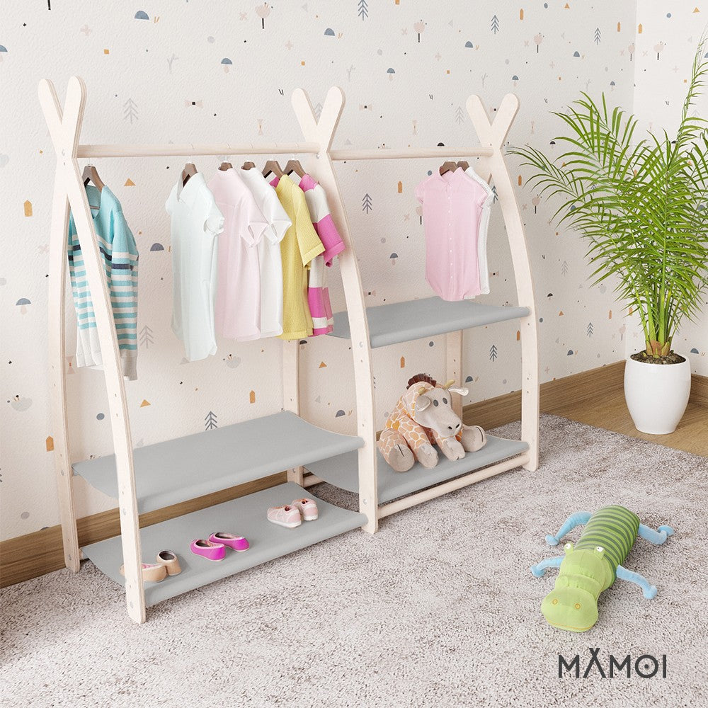 MAMOI® Children clothes rail Light grey 95x106x32cm | Dressing up rail for kids made of natural wood | Baby wardrobe clothes storage modern design | Baby accessories | 100% ECO | MADE in EU-4