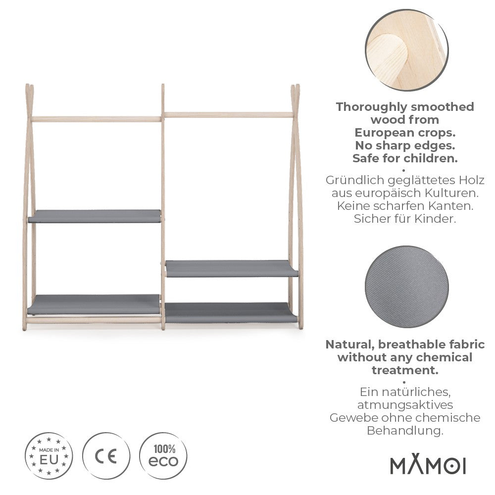 MAMOI® Children clothes rail Grey 95x106x32cm | Dressing up rail for kids made of natural wood | Baby wardrobe clothes storage modern design | Baby accessories | 100% ECO | MADE in EU-1