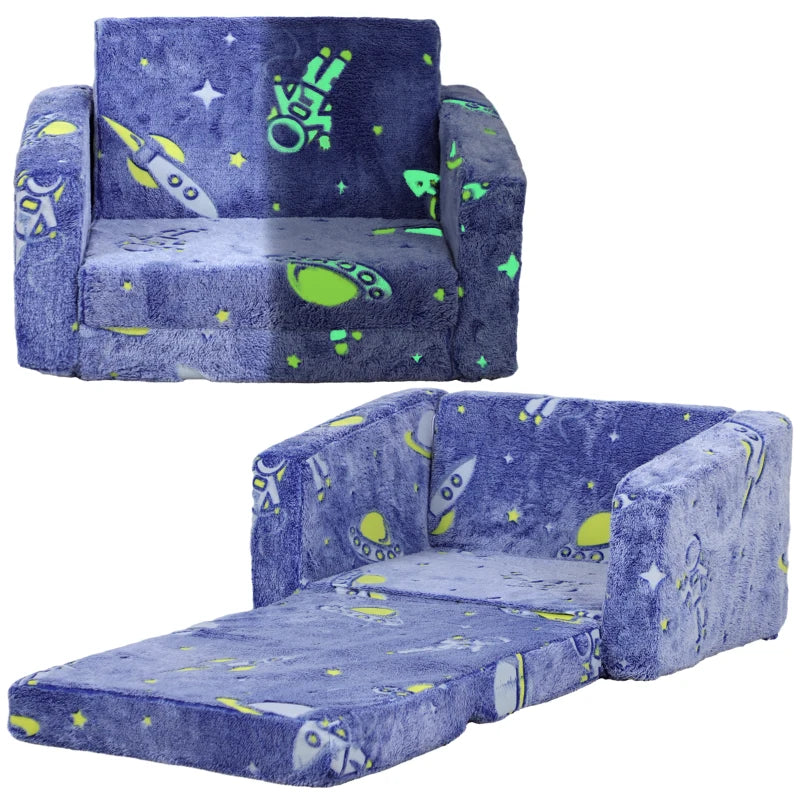 Childrens Sofa Beds 2 in 1 Kids Foldable Chair Bed with Glow in The Dark Cosmic Design, Washable Cushion and Cover, Blue | AIYAPLAY-0