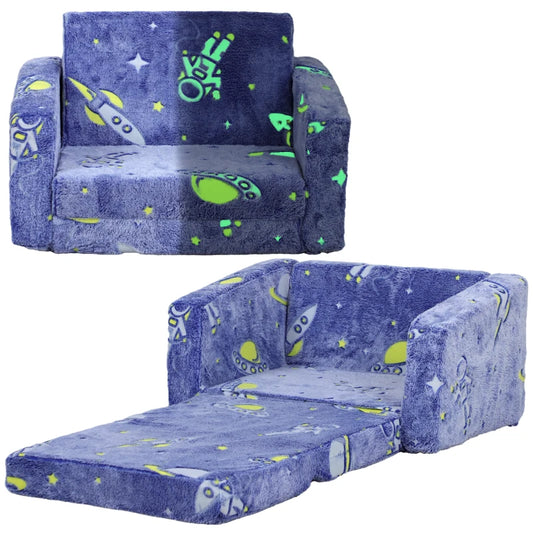 Childrens Sofa Beds 2 in 1 Kids Foldable Chair Bed with Glow in The Dark Cosmic Design, Washable Cushion and Cover, Blue | AIYAPLAY-0