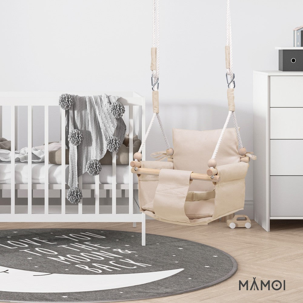 MAMOI® Wooden baby swing seat for toddlers Beige, Indoor toddler swings chair from birth, Kids baby bouncer for garden, Child rocker swing set from 8 months-6