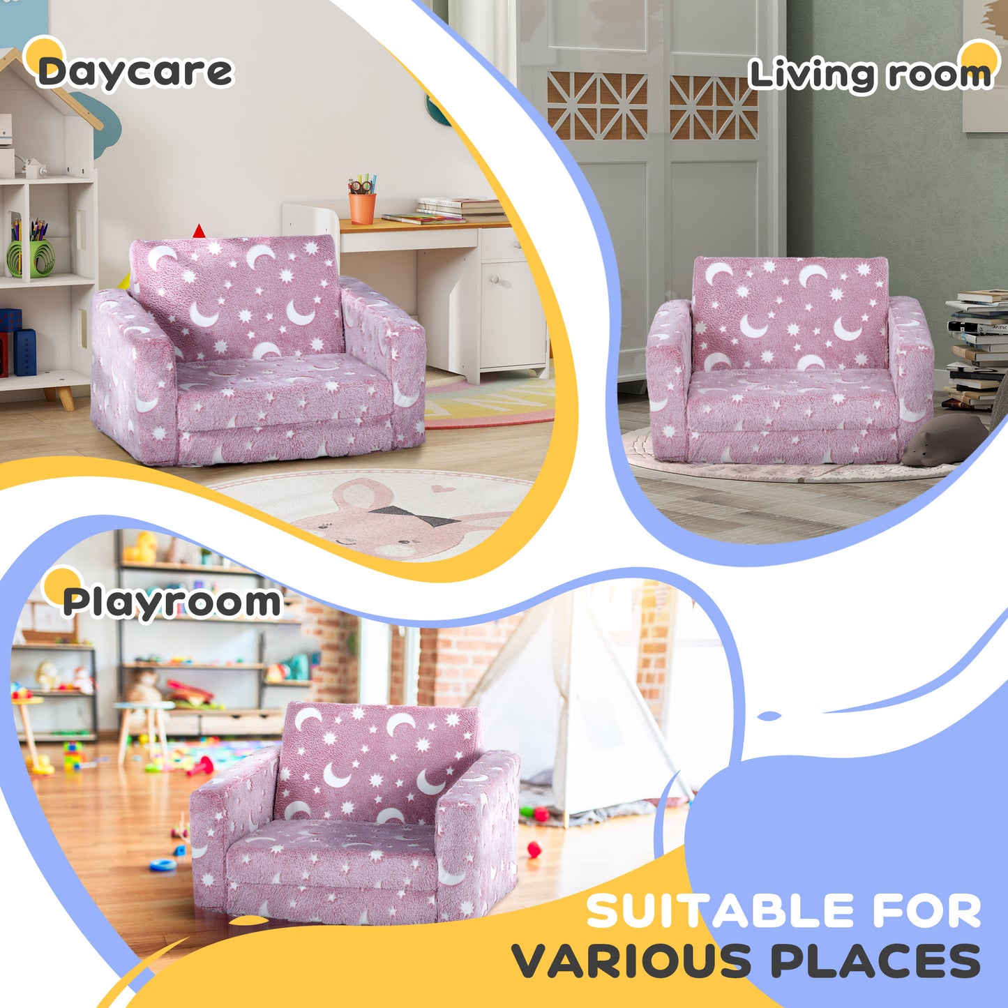Childrens Sofa Beds 2 in 1 Kids Foldable Chair with Glow in The Dark Stars Moon Design, Washable Cushion and Cover in Pink | AIYAPLAY-4