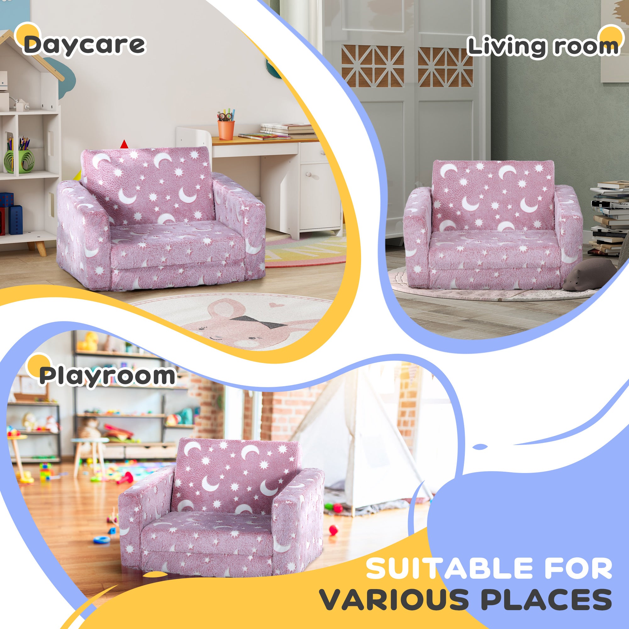 Childrens Sofa Beds 2 in 1 Kids Foldable Chair with Glow in The Dark Stars Moon Design, Washable Cushion and Cover in Pink | AIYAPLAY-4