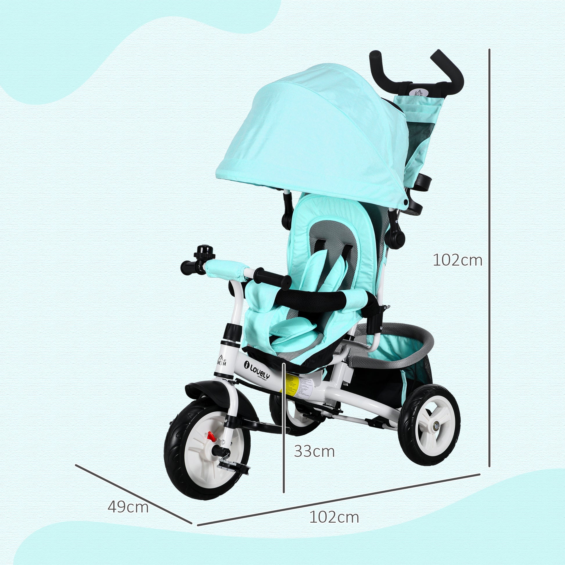 4 in 1 Kids Trike Push Bike w/ Push Handle, Canopy, 5-point Safety Belt, Storage, Footrest, Brake, for 1-5 Years, Green | HOMCOM-1