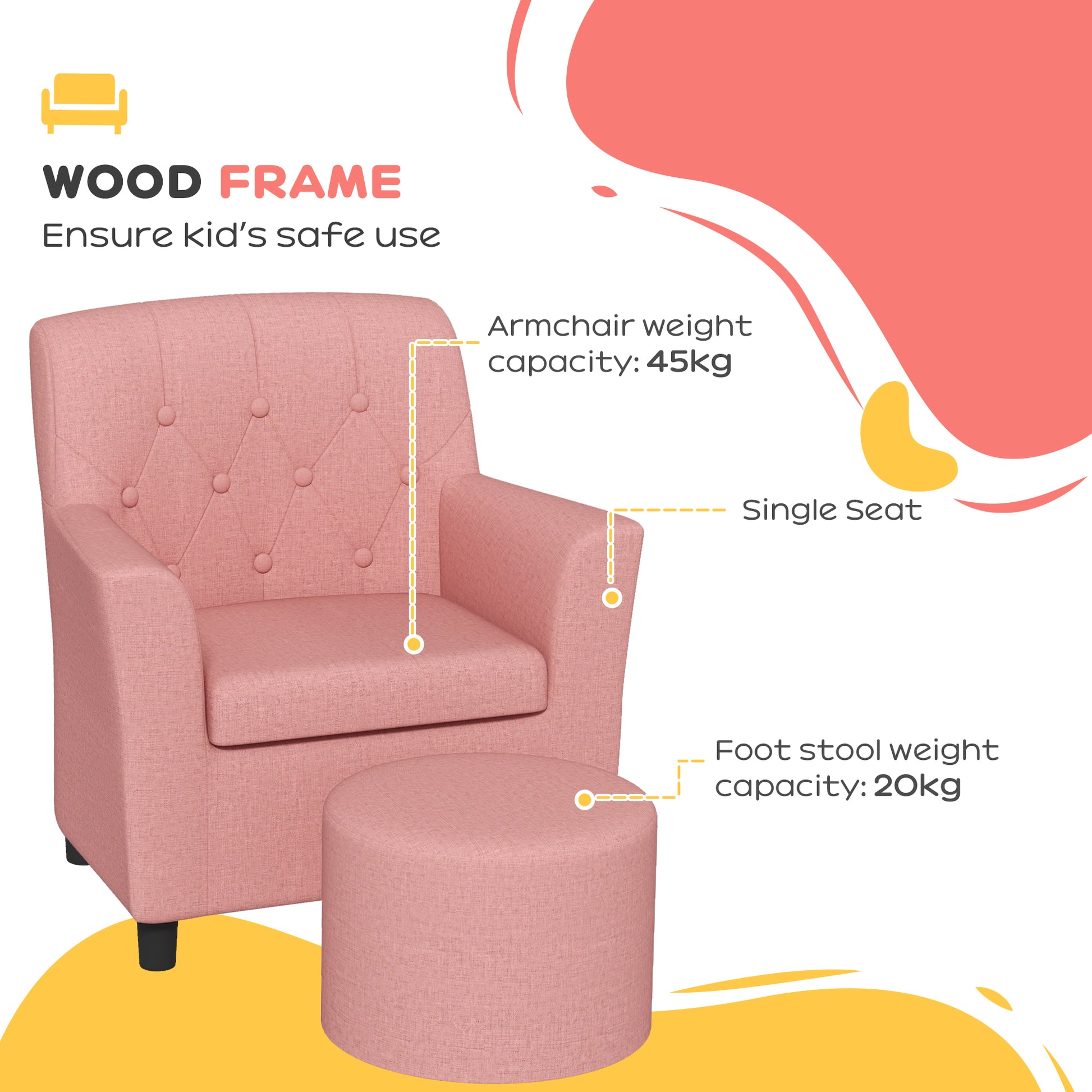 AIYAPLAY 2PCs Kids Sofa Set with Footrest, for Playroom, Bedroom in Pink-3