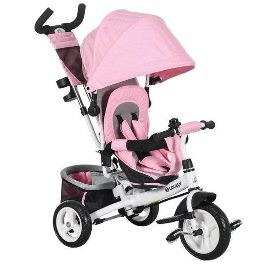 4 in 1 Kids Trike Push Bike w/ Push Handle, Canopy, 5-point Safety Belt, Storage, Footrest, Brake, for 1-5 Years, Pink | HOMCOM-0