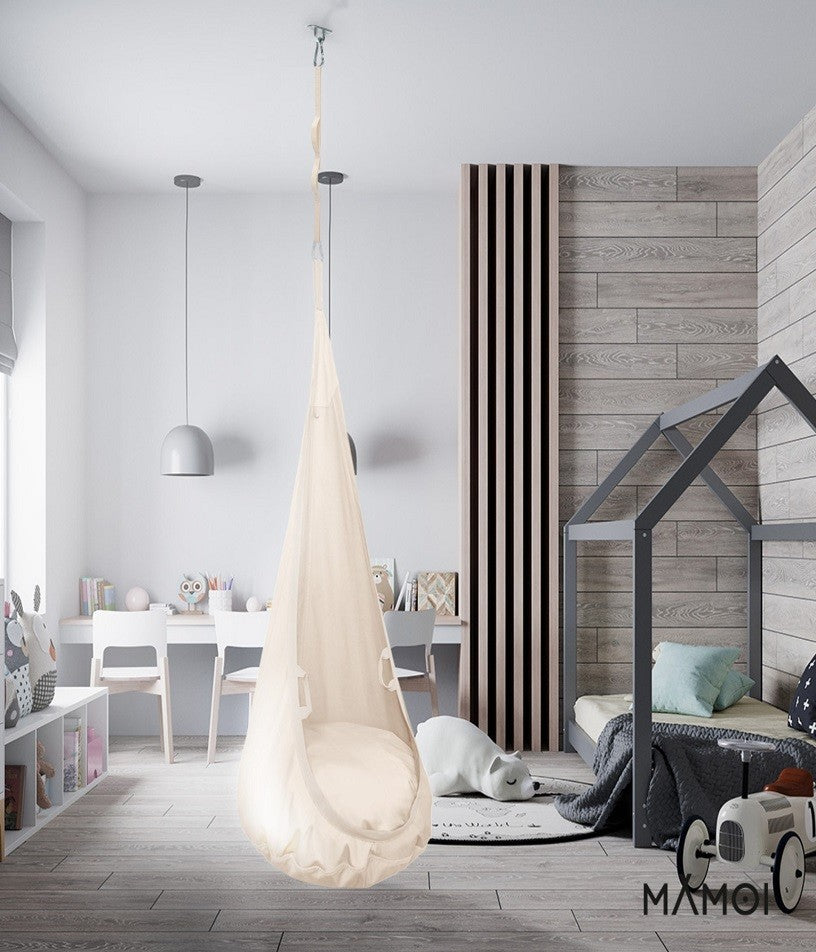 MAMOI® Swing hanging chair Beige, Indoor hammock, Sensory swing seat for bedroom for kids, Child door swinging nest for autism, Garden egg swings for children-5