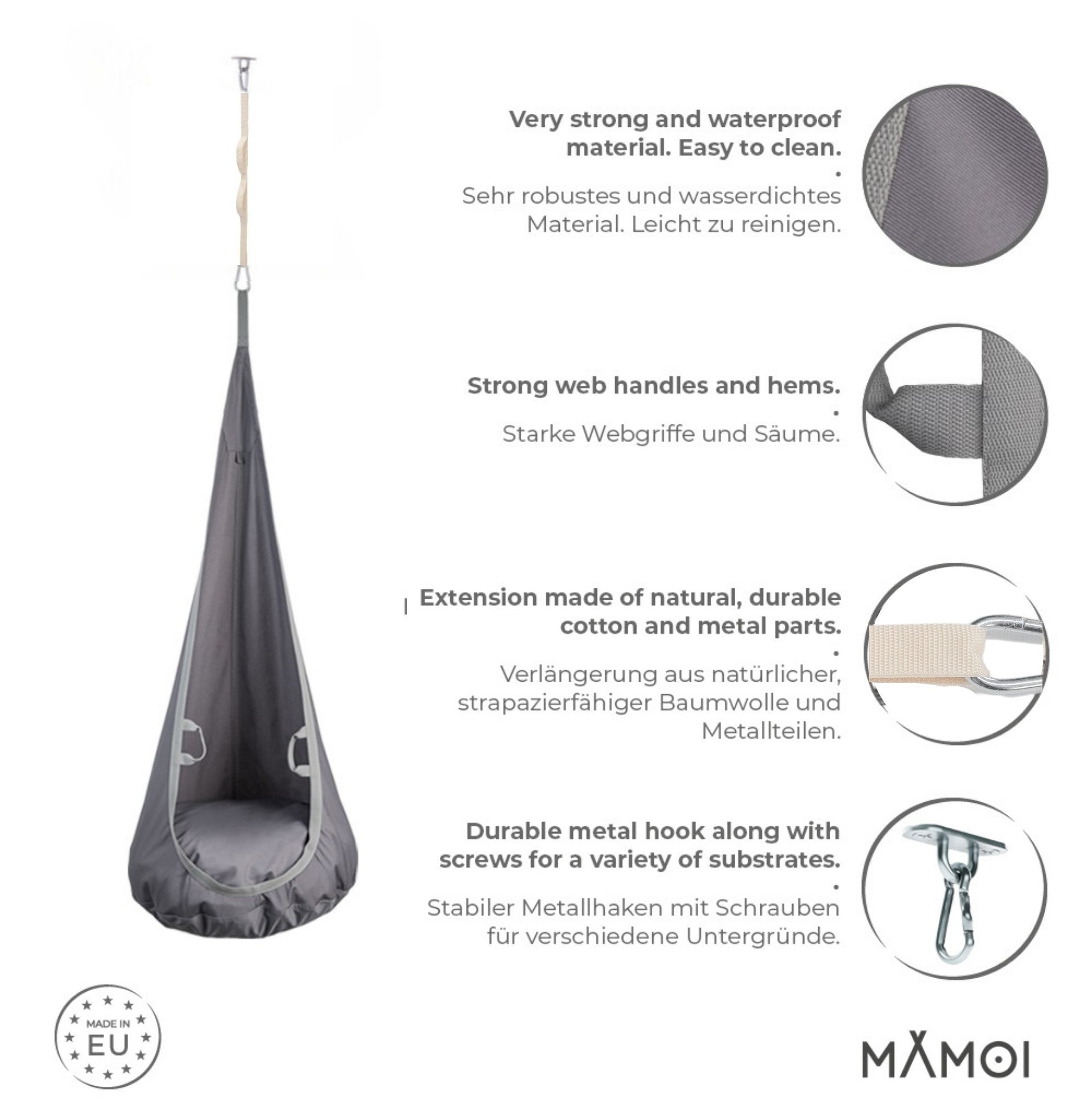 MAMOI® Swing hanging chair Grey, Indoor hammock, Sensory swing seat for bedroom for kids, Child door swinging nest for autism, Garden egg swings for children-2