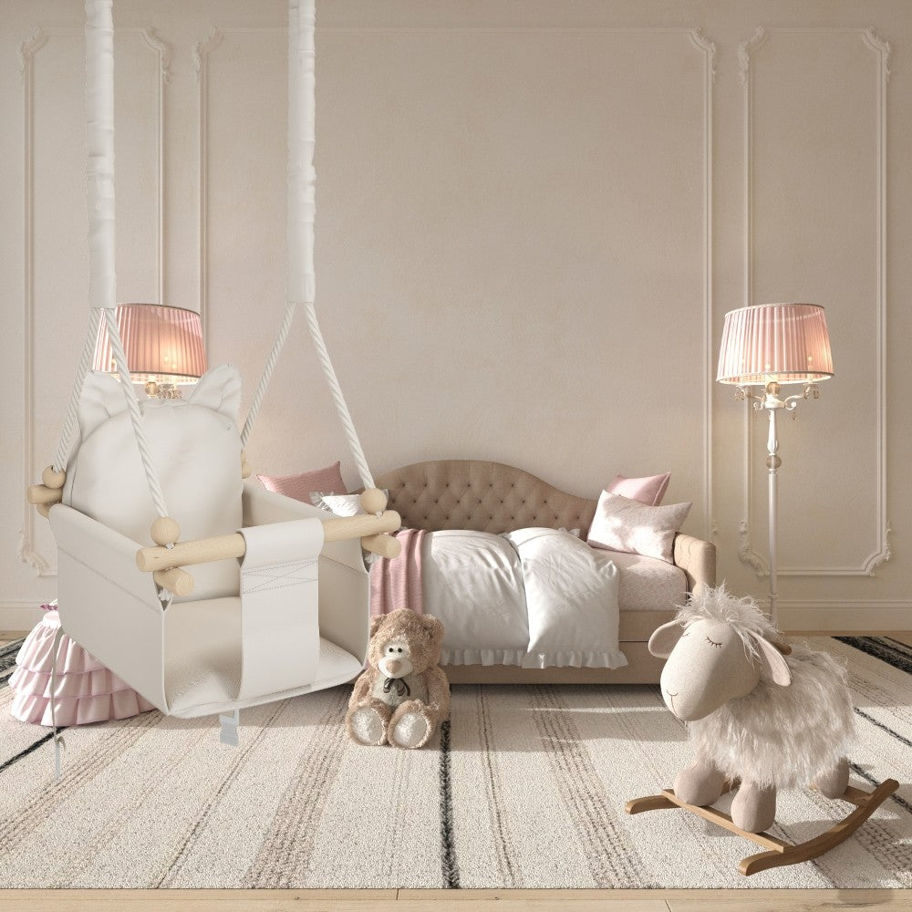 MAMOI® Wooden baby swing seat for toddlers Beige, Indoor toddler swings chair from birth, Kids baby bouncer for garden, Child rocker swing set from 8 months-3